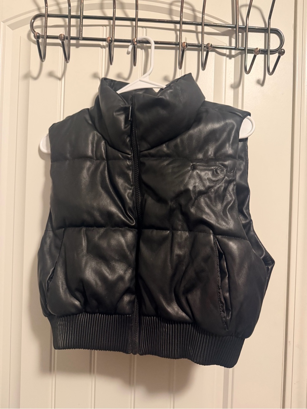 Black Puffer Vest - Faux Leather Sleeveless Jacket